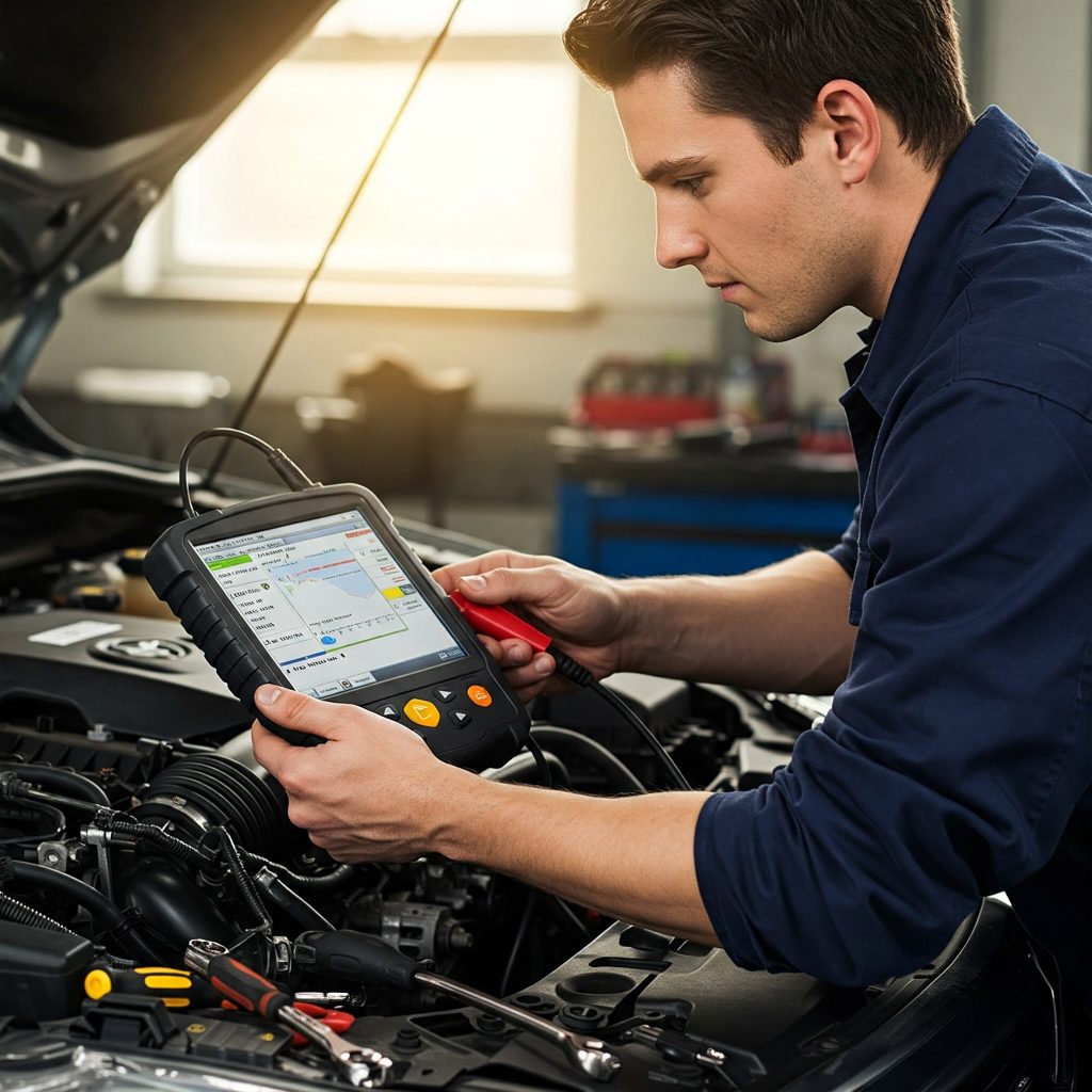 Mechanic looking on a tablet screen diagnosing a car engine at 7 Force Garage Sheffield.